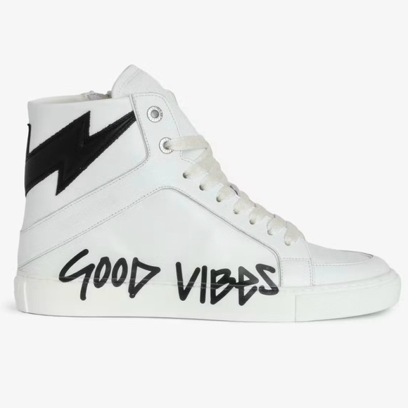 NWOB Zadig & Voltaire ZV1747 High Flash Good Vibes Sneakers 38 White Black 7 - Picture 1 of 12
